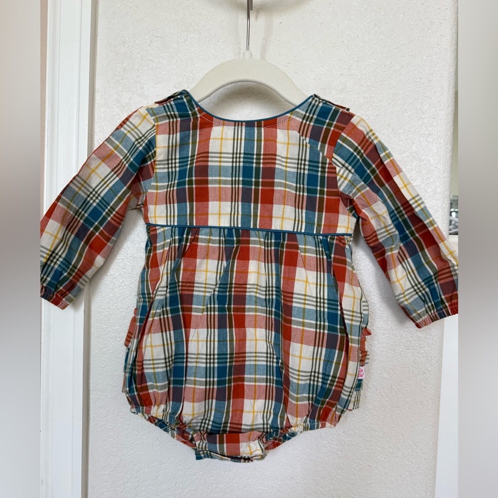 RuffleButts Baby Girl Plaid Long Sleeve Woven Bubble Romper